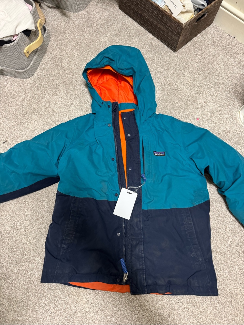 Patagonia Kids Teal & Navy Hooded Raincoat with Orange Lining